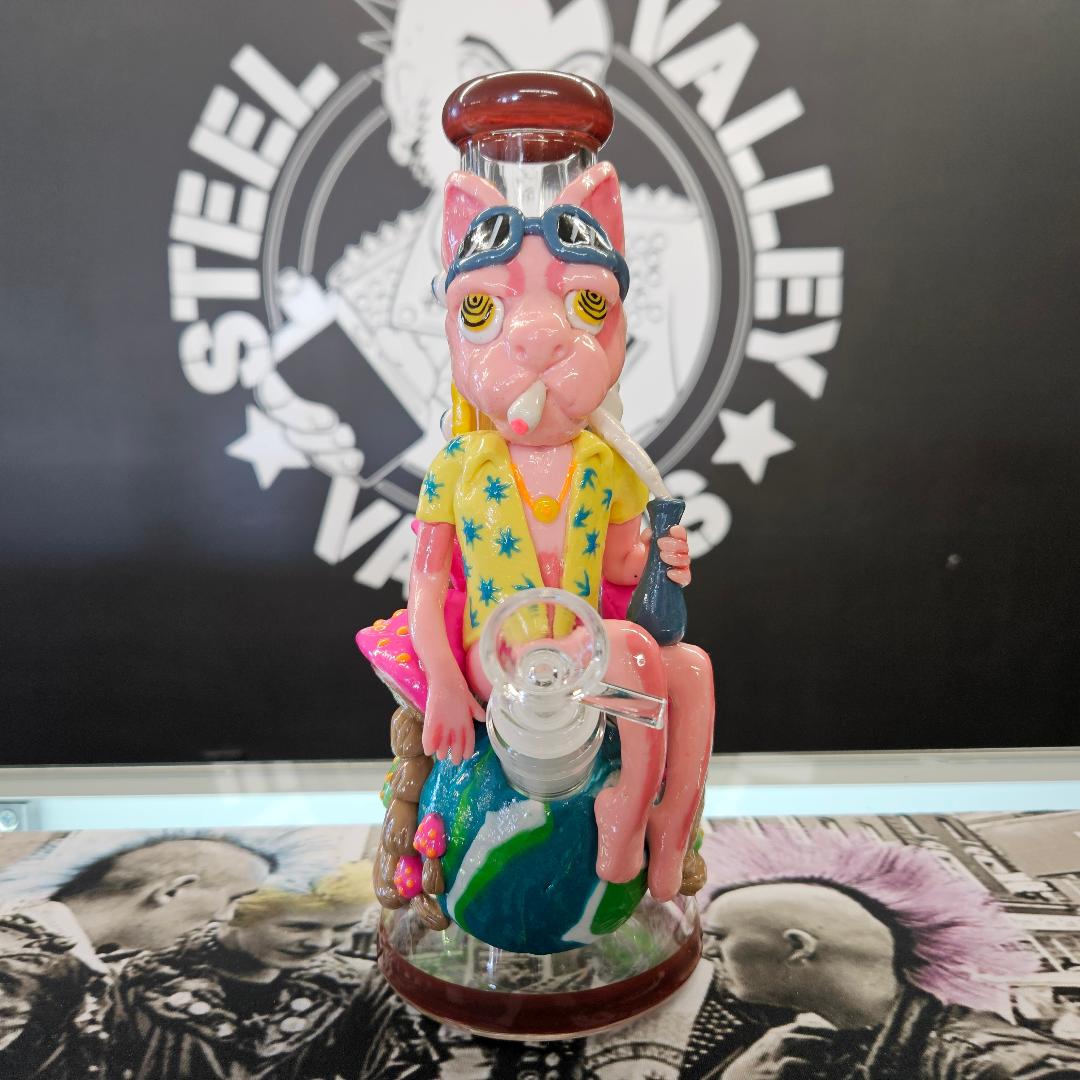 Pulsar Artist Series Glow Beaker Water Pipe | Chill Cat | 10" | 14mm F image 0