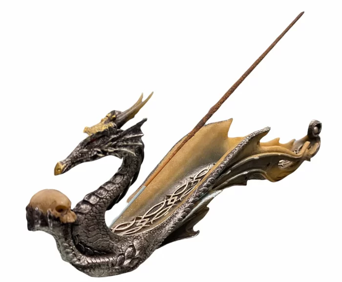 12" Dragon Holding Skull Incense Burner - Image 2